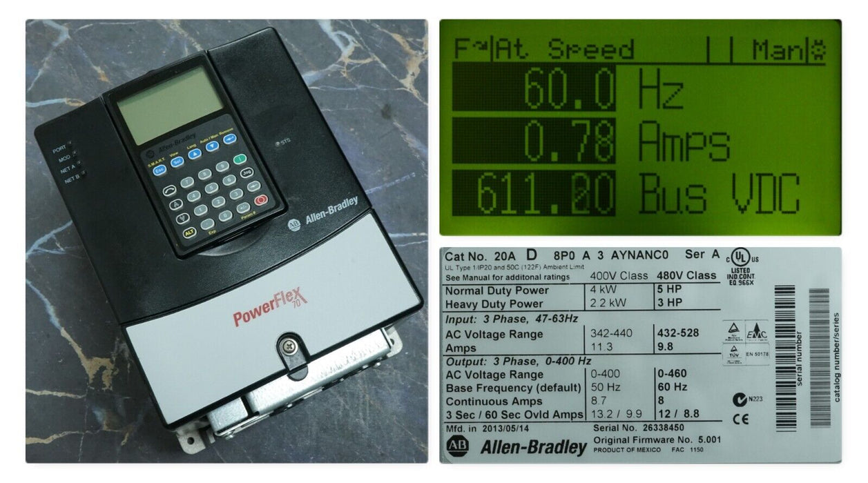 Low Hours Allen-Bradley Powerflex 70 5HP 20AD8P0A3AYNANC0 Series A FRN: 5.001