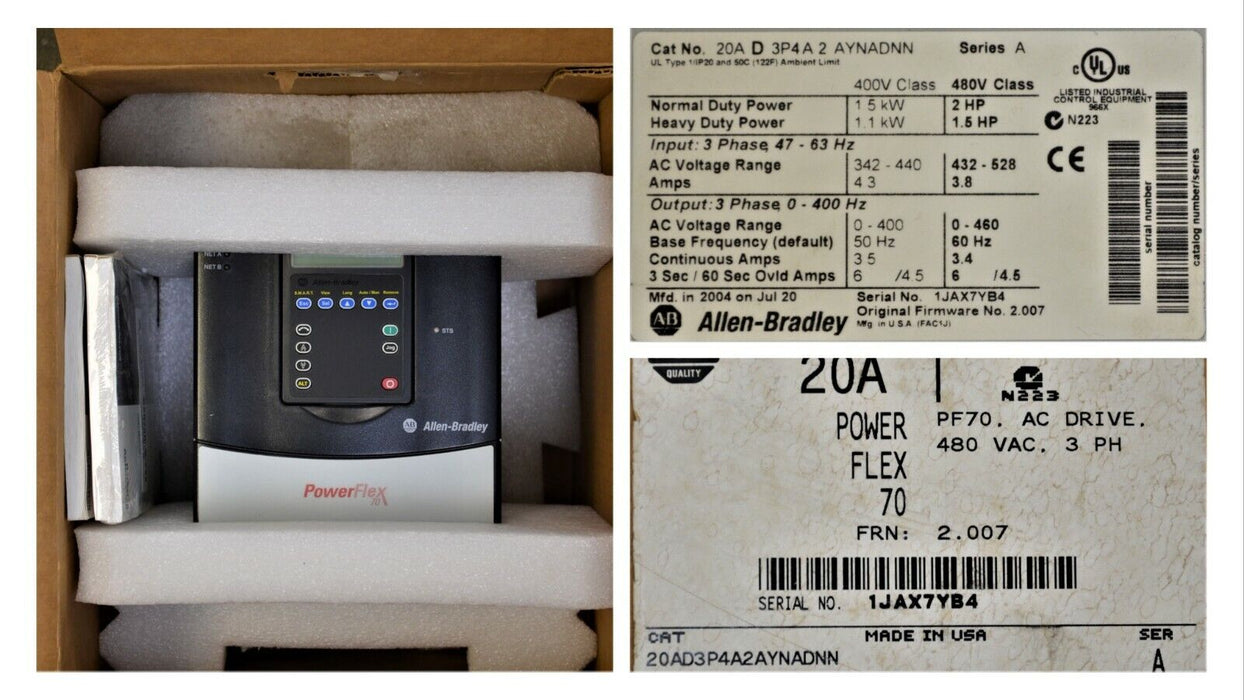 New In Box Allen-Bradley 20AD3P4A2AYNADNN PowerFlex 70  2 HP, 480 VAC, AC Drive