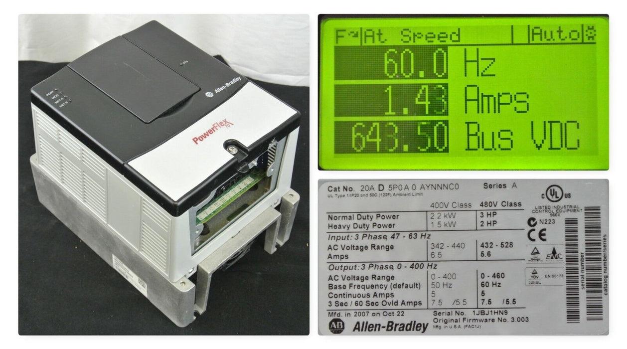 Allen-Bradley PowerFlex 70 3HP 20AD5P0A0AYNNNC0 480VAC Clean Tested Good