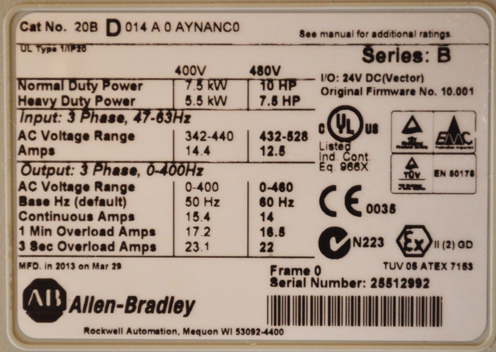 Allen-Bradley PowerFlex 700 10 HP 20BD014A0AYNANC0 480 VAC Tested OK  2013