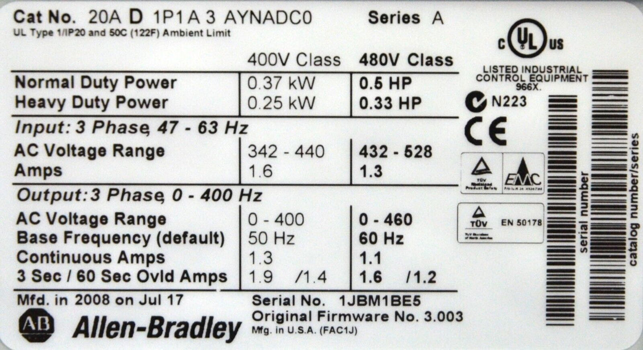 Low Hour Allen-Bradley 20AD1P1A3AYNADC0 PowerFlex 70 1/2 HP FRN 3.003 Series A