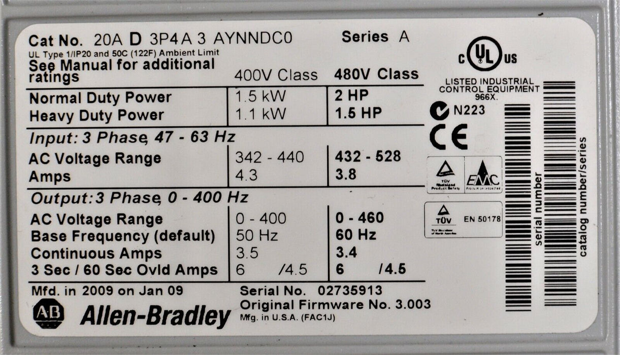 Allen-Bradley Powerflex 70 20AD3P4A3AYNNDC0 /A 2 HP, 3.4 Amps, 3.003 - Tested