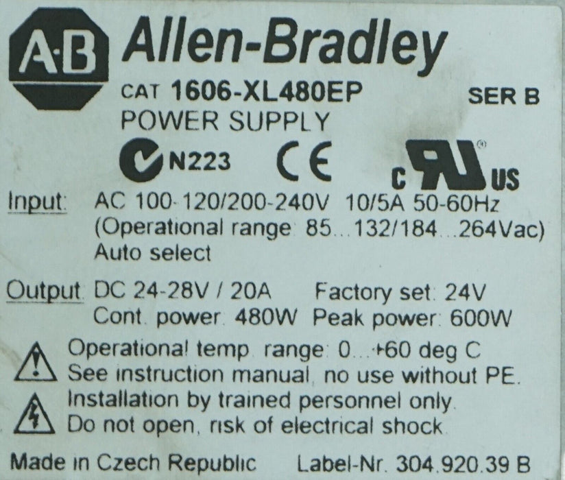 Allen-Bradley 1606-XL480EP AC/DC Power Supply 480VAC 3 Phase To 24-28VDC 480W