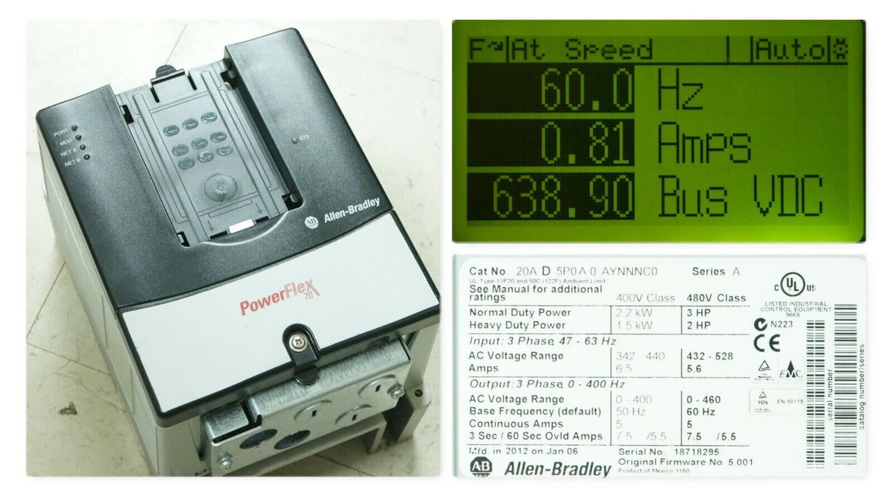 Allen-Bradley PowerFlex 70 3 HP 20AD5P0A0AYNNNC0 Tested Good FRN:5.001 Tested