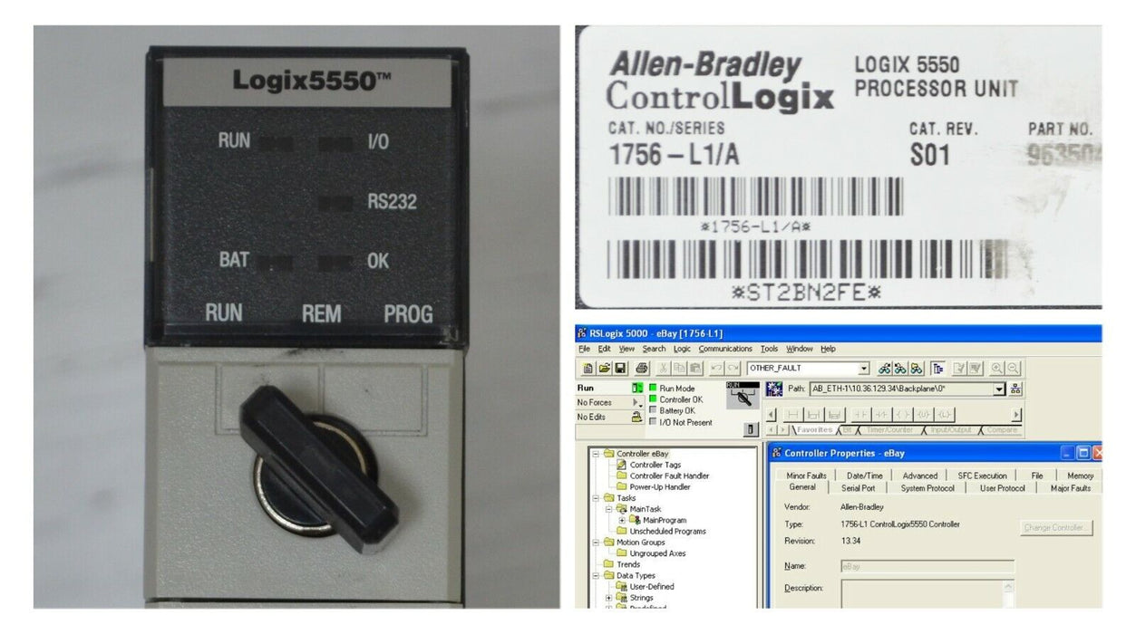 Allen Bradley 1756-L1/A ControlLogix 5550 Processor PLC Tested Good VER 13.34