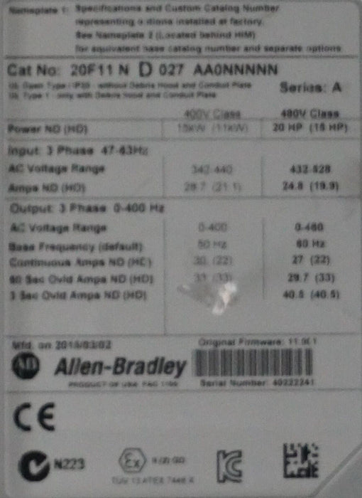 Allen-Bradley PowerFlex 753 20F11ND027AA0NNNNN 20HP 480 VAC FRN:11.001