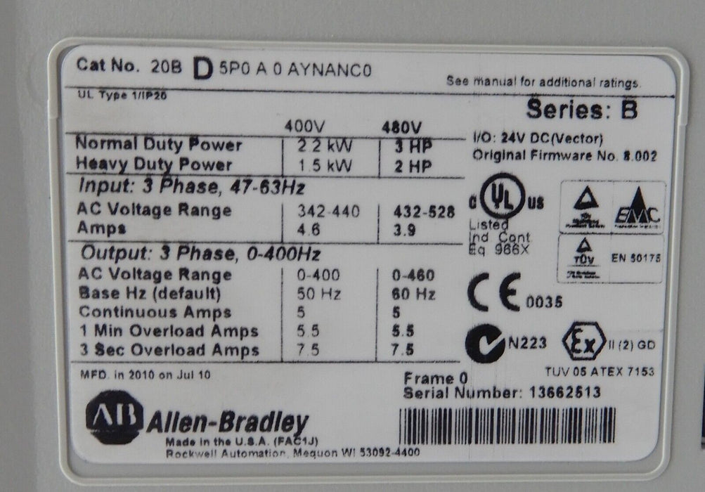 Low Hours Allen-Bradley 20BD5P0A0AYNANC0 /B PowerFlex 700 3HP 480 VAC FRN: 8.002