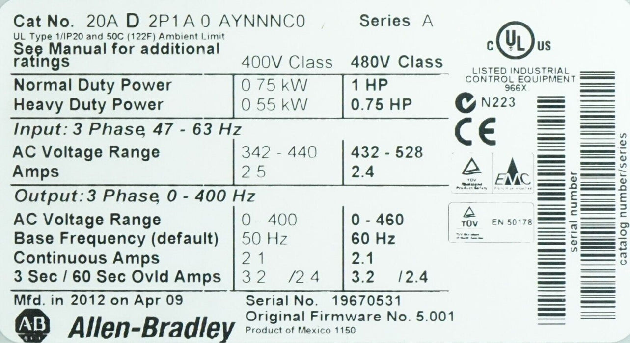 Allen-Bradley PowerFlex 70 20AD2P1A0AYNNNC0 Ser. A 1HP FRN 5.001