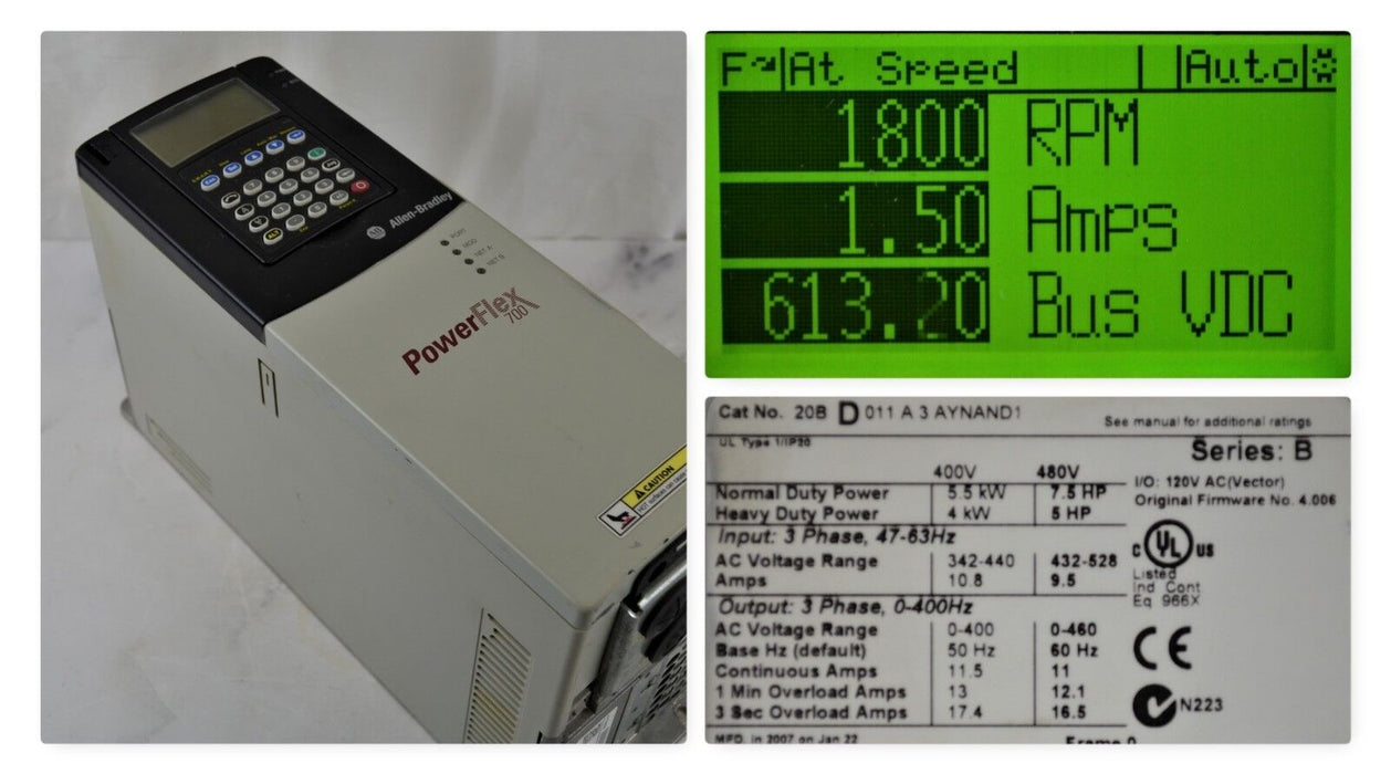 Allen-Bradley PowerFlex 700 20BD011A3AYNAND1 7.5 HP, 480 VAC with Encoder Input