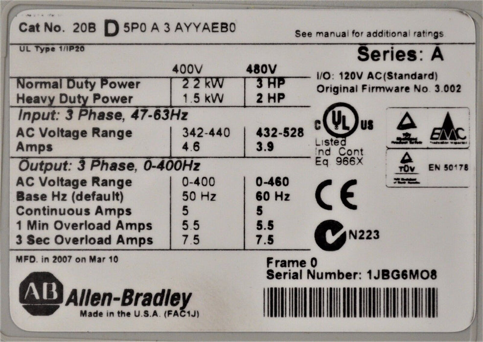 NEW Allen-Bradley 3 HP PowerFlex 700 20BD5P0A3AYYAEB0 480 VAC  Open Box