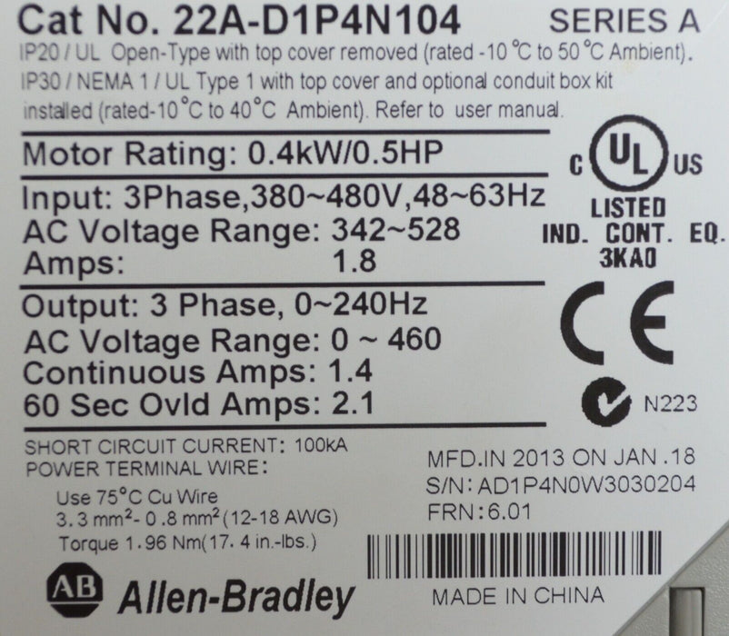 Allen Bradley PowerFlex 4 1/2HP 22A-D1P4N104 Series A Tested Good FRN: 6.01