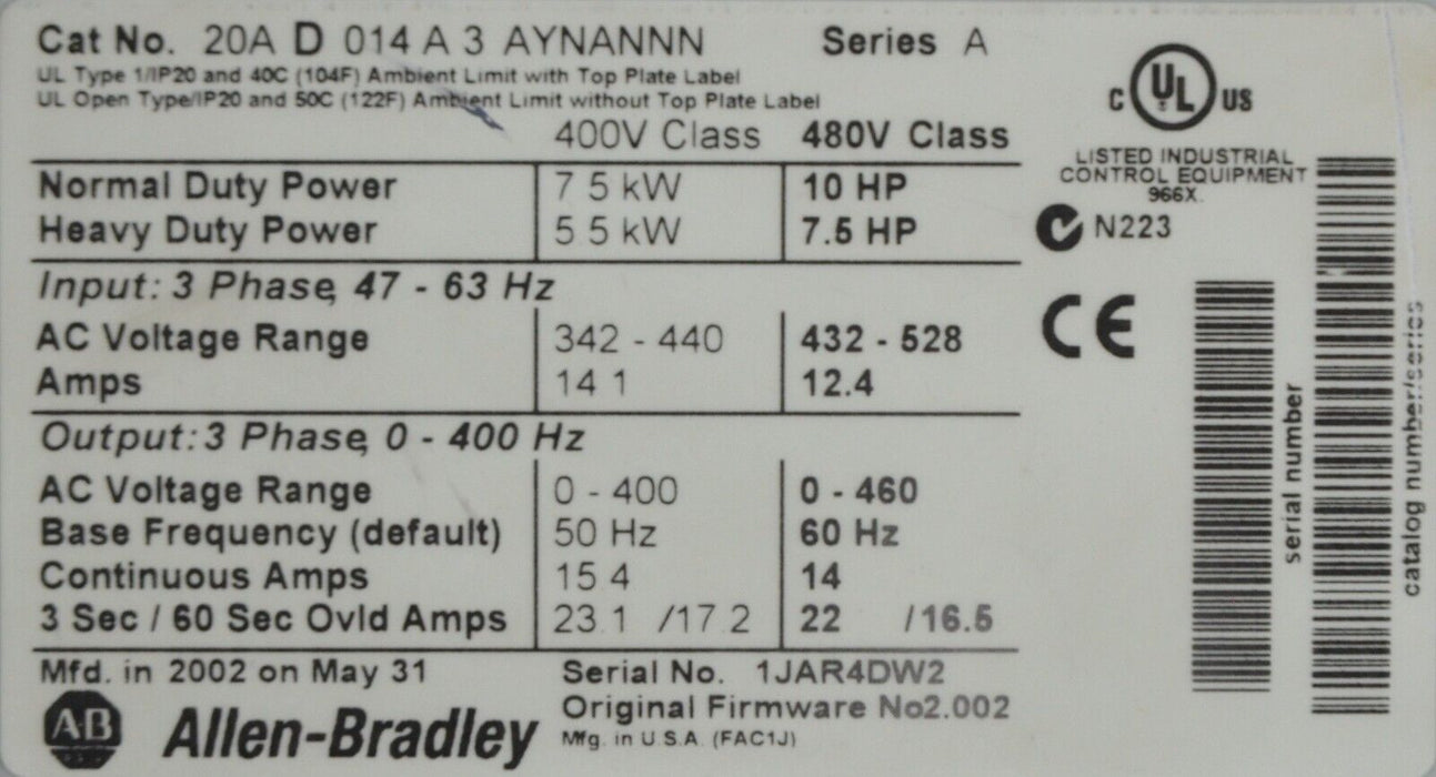 Allen-Bradley PowerFlex 70 10 HP 20AD014A3AYNANNN Series A FRN: 2.002 w/HIM Card