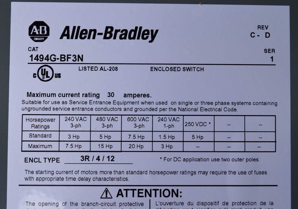 New Allen-Bradley 1494GX-BF3N Non-Fusible 3-phase 600V, 30 Amp, extra large size