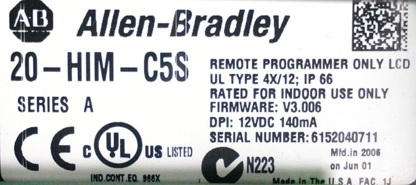 Allen Bradley 20-HIM-C5S Series A HIM Remote Programmer Tested Good