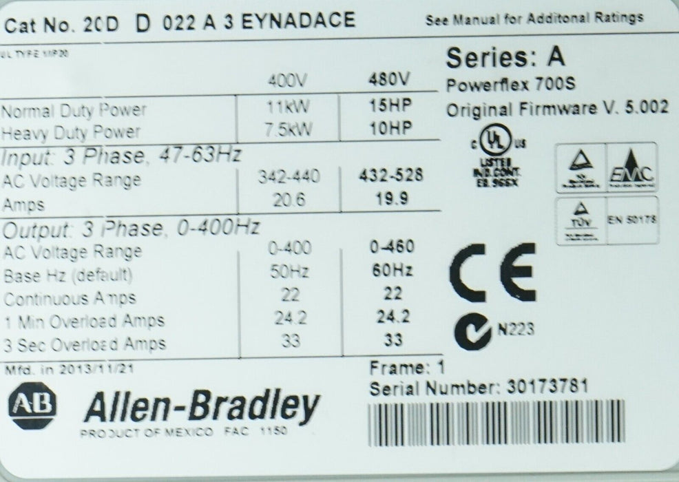 Allen-Bradley 20DD022A3EYNADACE Ser A 15 HP Powerflex 700S AC Drive 5.002