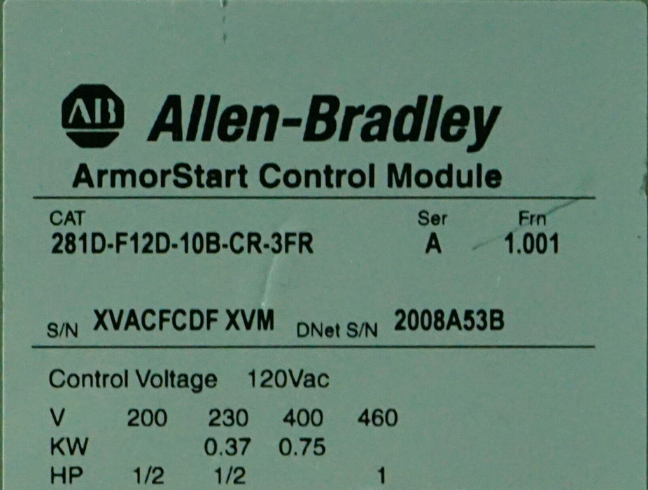 ALLEN BRADLEY 281D-F12D-10B-CR-3FR SER. A F/W 1.001 Untested