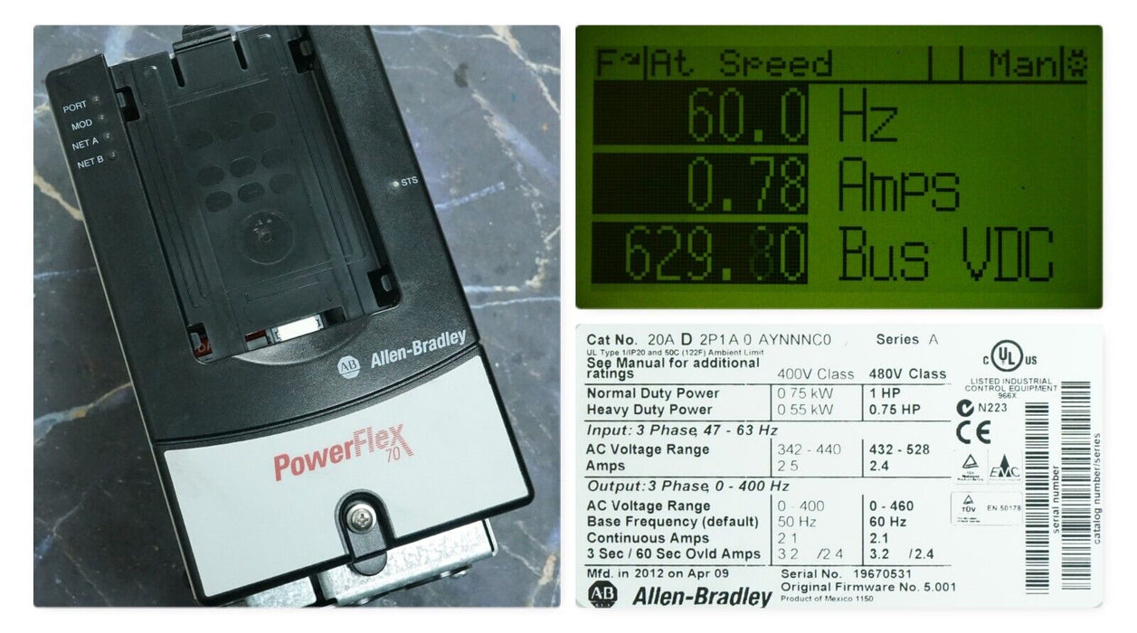 Allen-Bradley PowerFlex 70 20AD2P1A0AYNNNC0 Ser. A 1HP FRN 5.001