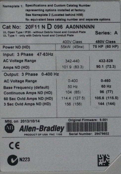 Allen-Bradley PowerFlex 753 20F11ND096AA0NNNNN 75HP 480VAC FRN:9.001