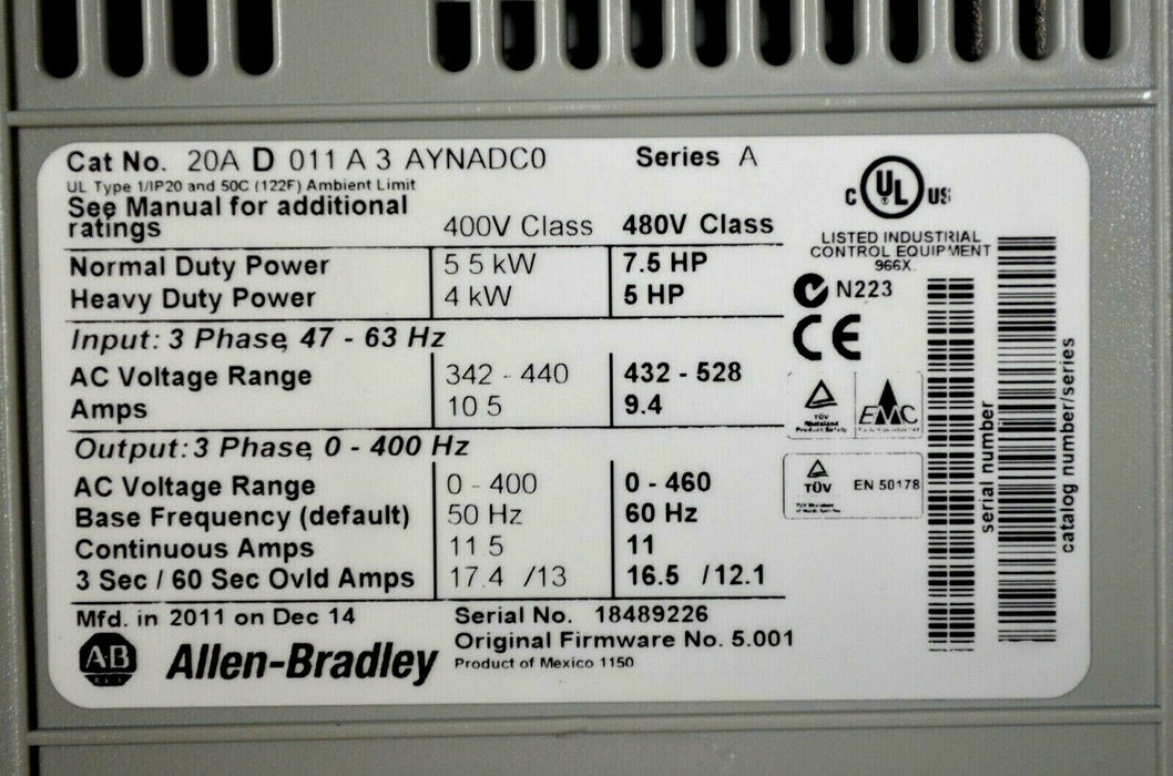 Allen-Bradley PowerFlex 70 - 20AD011A3AYNADC0 VFD -  7.5 HP, 480 VAC, 3 PH