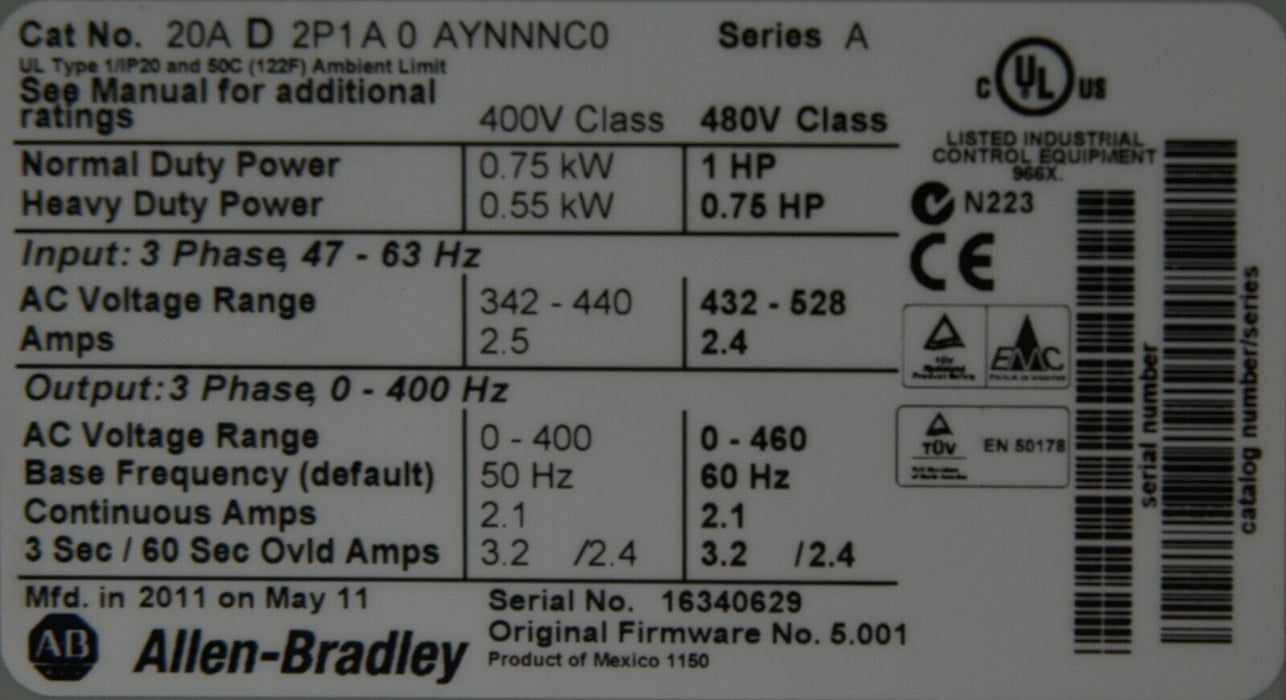 Low Hours Allen-Bradley PowerFlex 70 20AD2P1A0AYNNNC0 1 HP, 480 VAC Tested Good