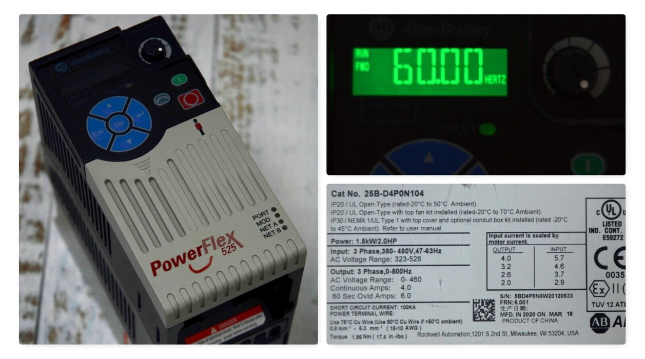 Low Hours 2020 Allen-Bradley 25B-D4P0N104 2 HP Powerflex 525 Series A FRN: 6.001