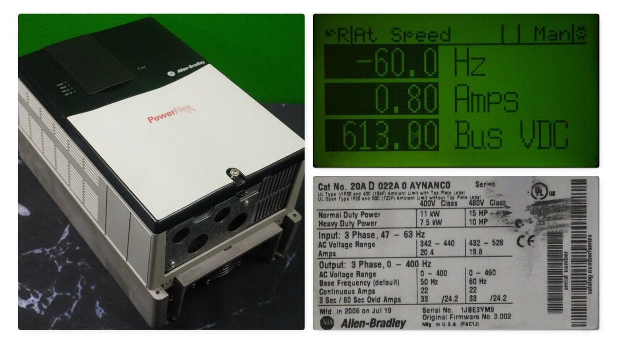 Allen Bradley PowerFlex 70 15HP 20AD022A0AYNANC0 480VAC Tested Good FRN:3.002