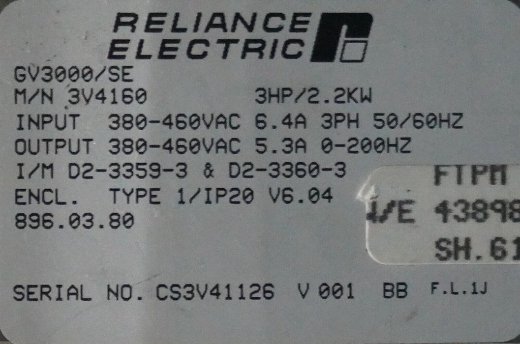 Reliance Electric GV3000/SE 10HP 10V4160 Drive Tested Good V:6.04