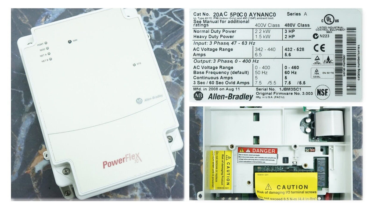 New Allen-Bradley 20AC5P0C0AYNANC0 3HP 480V Powerflex 70 FRN:3.003