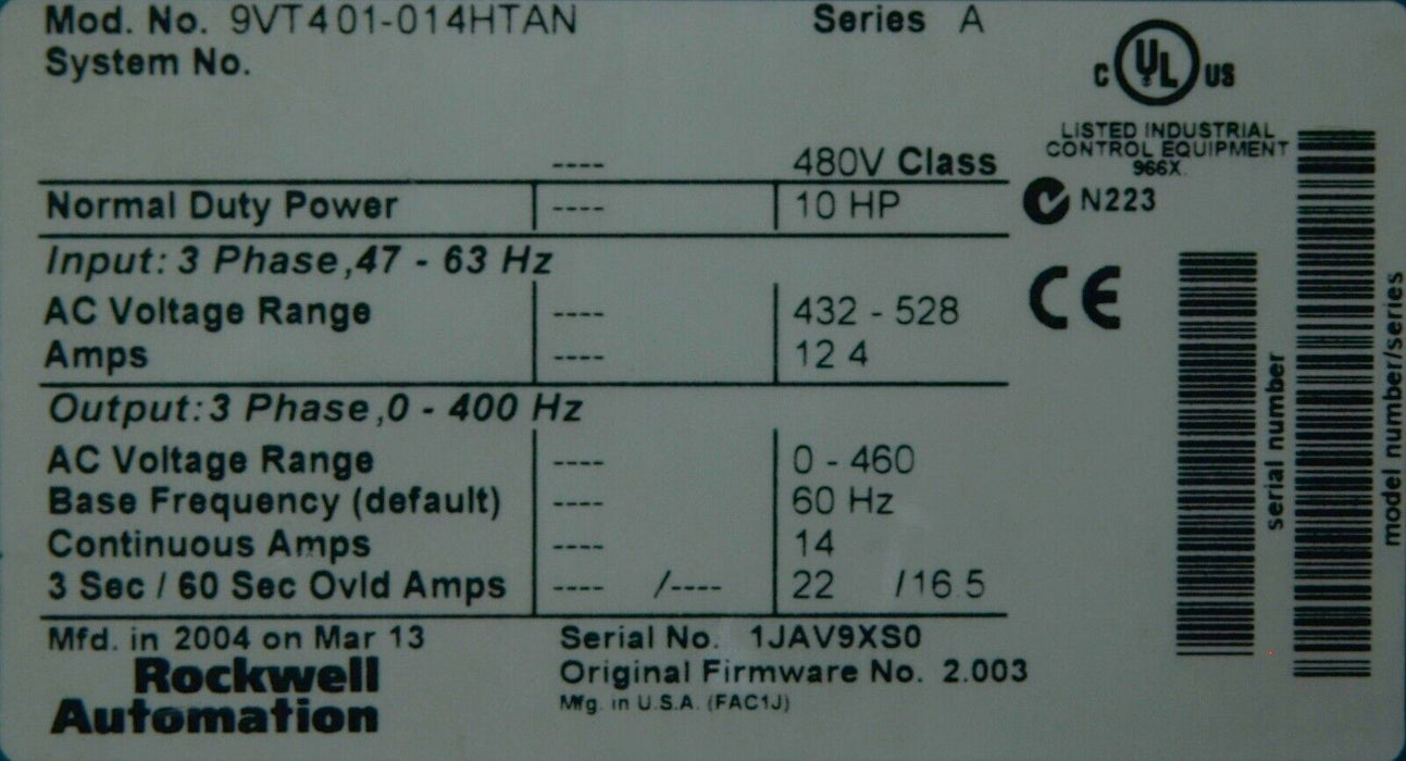 Rockwell Automation 10 HP VTAC 9 AC Drive | 9VT401 - 014HTAN | FRM: 2.003