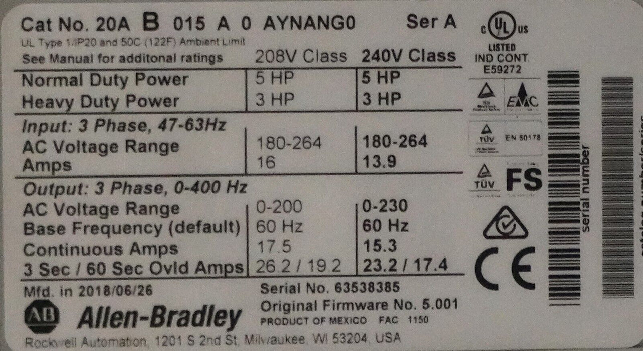 Allen-Bradley PowerFlex 70 5 HP 20AB015A0AYNANG0 240VAC FRN:5.001 Tested Good