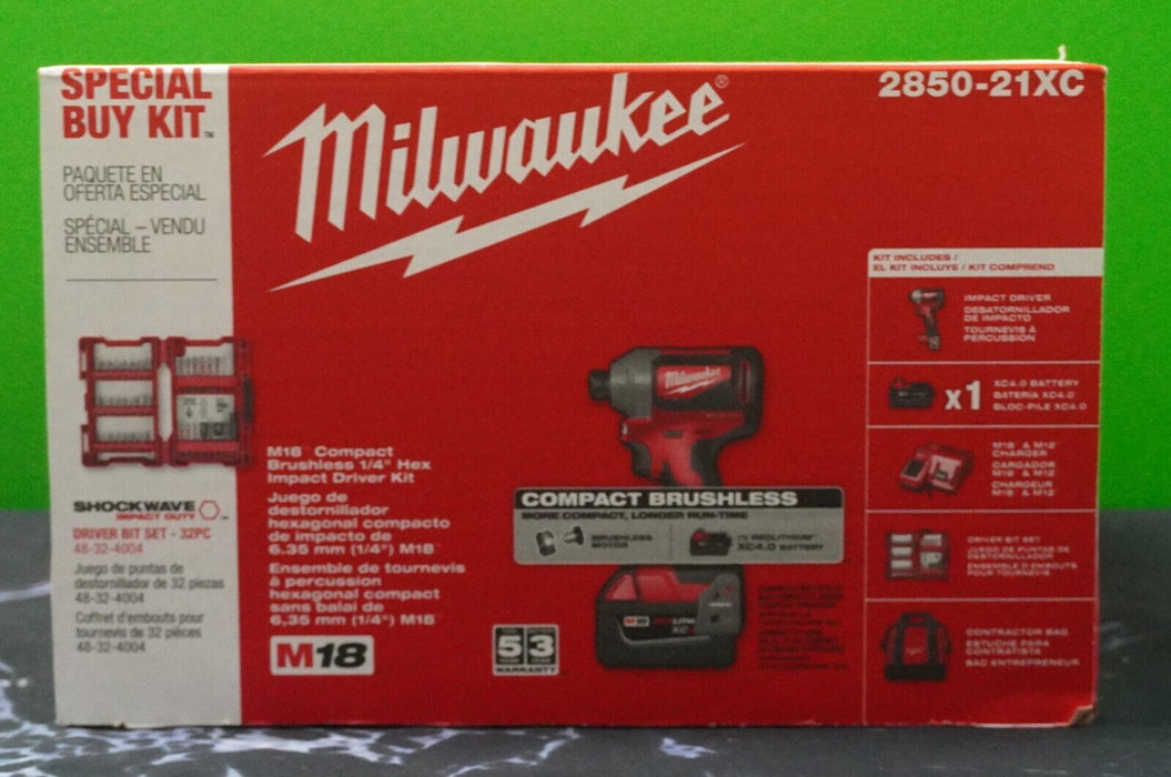 New Milwaukee 2850-21XC Cordless LITHIUM-ION 1/4" impact driver Kit with Bit Set