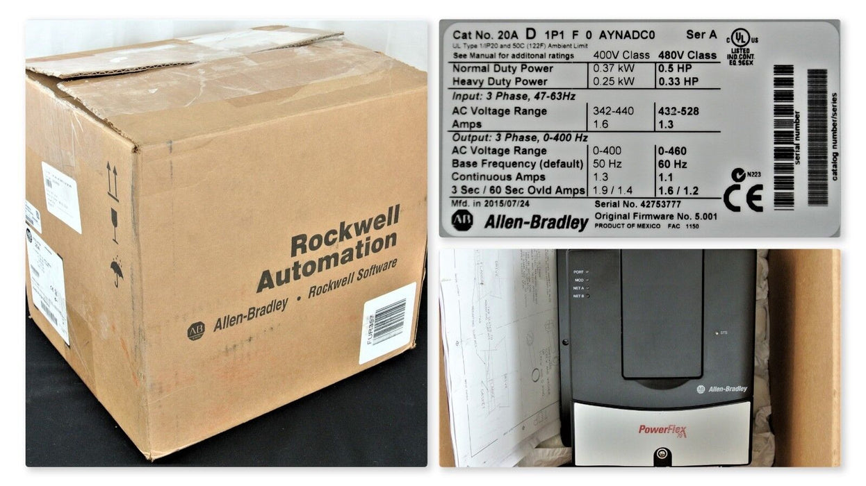 New 2015 Allen-Bradley PowerFlex 70 1/2 HP 20AD1P1F0AYNADC0 480 VAC W/ 20-Comm-D