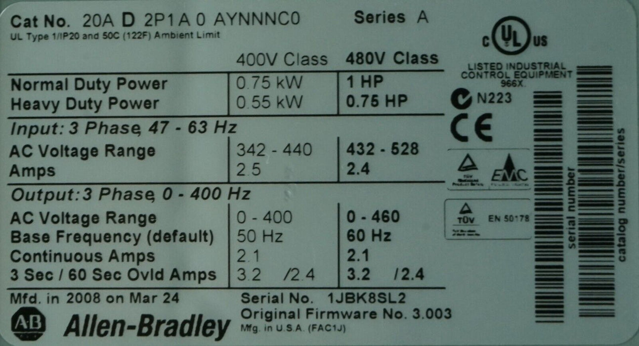 Low Hours Allen Bradley PowerFlex 70 20AD2P1A0AYNNNC0 1HP 480VAC FRN:3.003