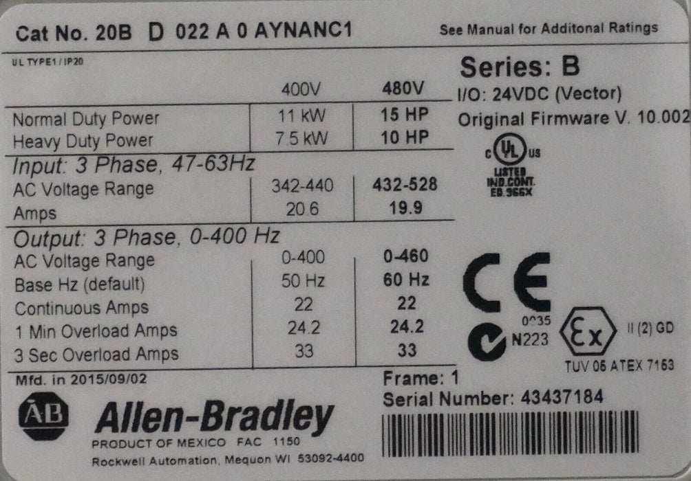 Low Hrs Allen-Bradley PowerFlex 700 20BD022A0AYNANC1 15HP FRN:10.002 Tested Good