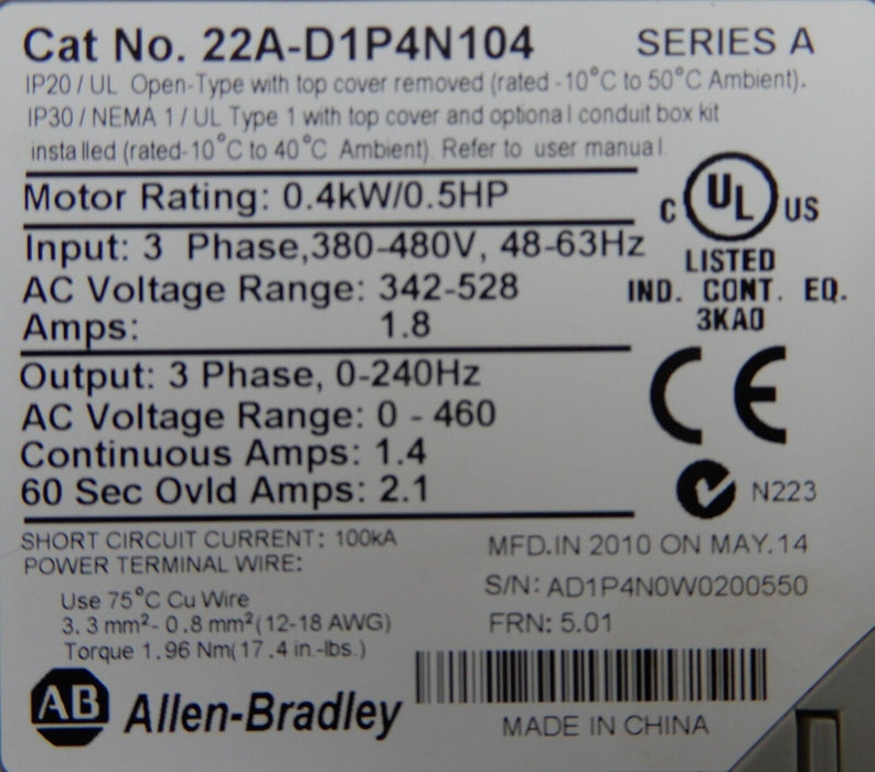 2010 Allen Bradley PowerFlex 4 1/2HP 22A-D1P4N104 Series A Tested Good FRN: 5.01