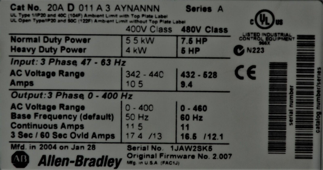 Allen-Bradley PowerFlex 70 20AD011A3AYNANNN 480VAC 7.5 HP FRN:2.007