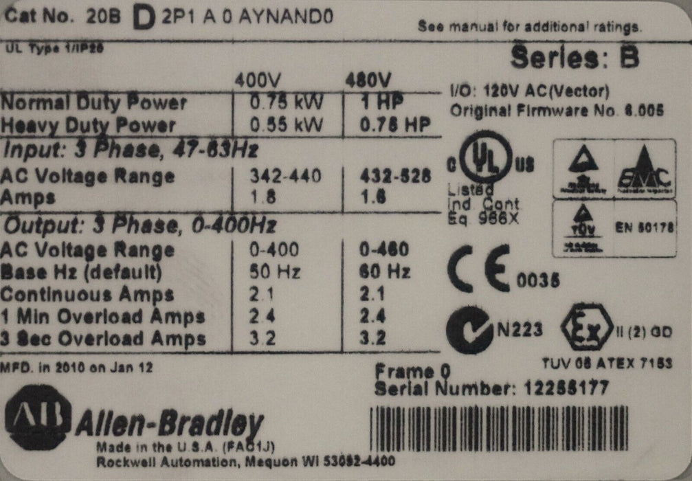 Allen-Bradley PowerFlex700 1HP 20BD2P1A0AYNAND0 480VAC Tested Good FRN: 6.005