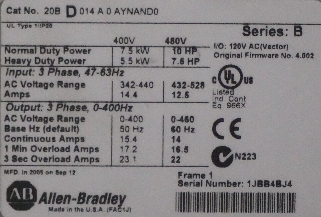 Allen-Bradley PowerFlex 700 10HP 20BD014A0AYNAND0 480VAC FRN:4.002 Tested Good