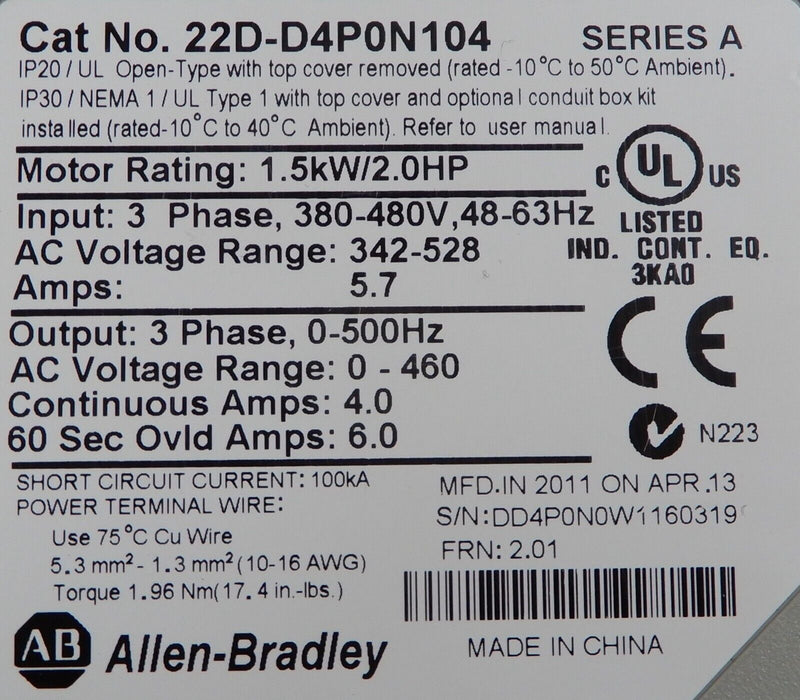 Zero Hours 22DD4P0N104 Allen-Bradley Powerflex 40P 22D-D4P0N104 2 HP Tested Good