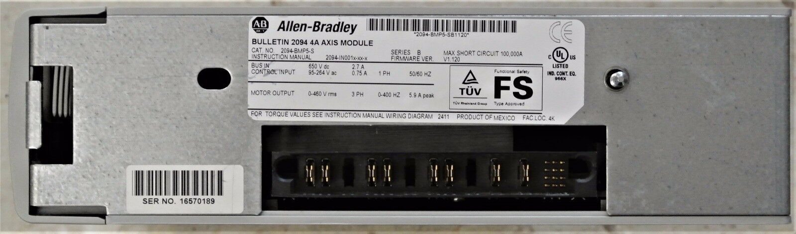 ALLEN-BRADLEY KINETIX 6000 2094-BMP5-S 4 AMPS Ver. 1.120 No Terminal Connectors