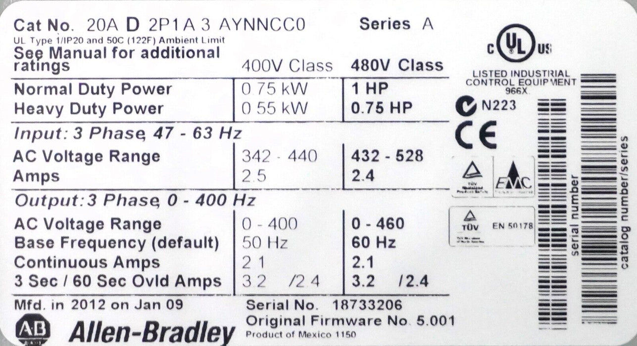 Allen-Bradley 20AD2P1A3AYNNCC0 PowerFlex70 1HP 480VAC FRN:5.001 Tested