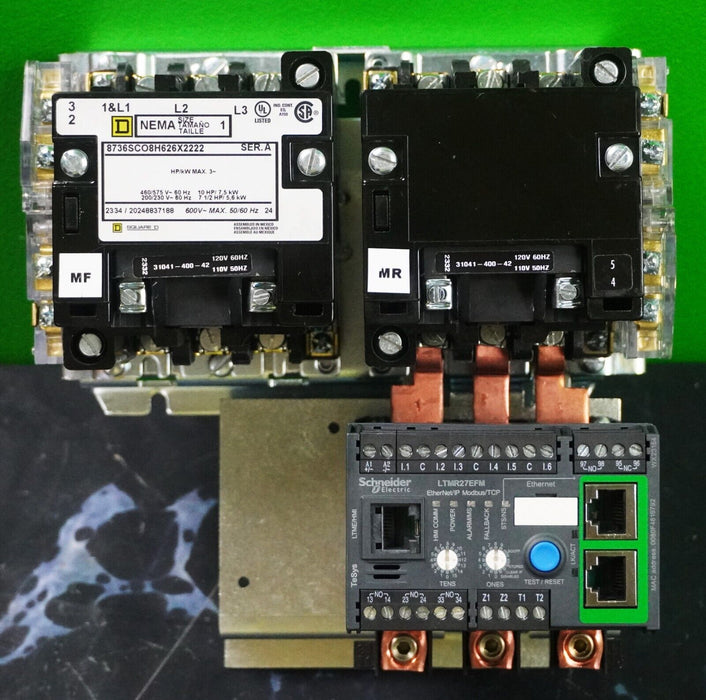 SQUARE D SIZE 1 8736SC08H626X2222 REVERSING CONTACTOR W/SCHNEIDER ELEC LTMR27EFM