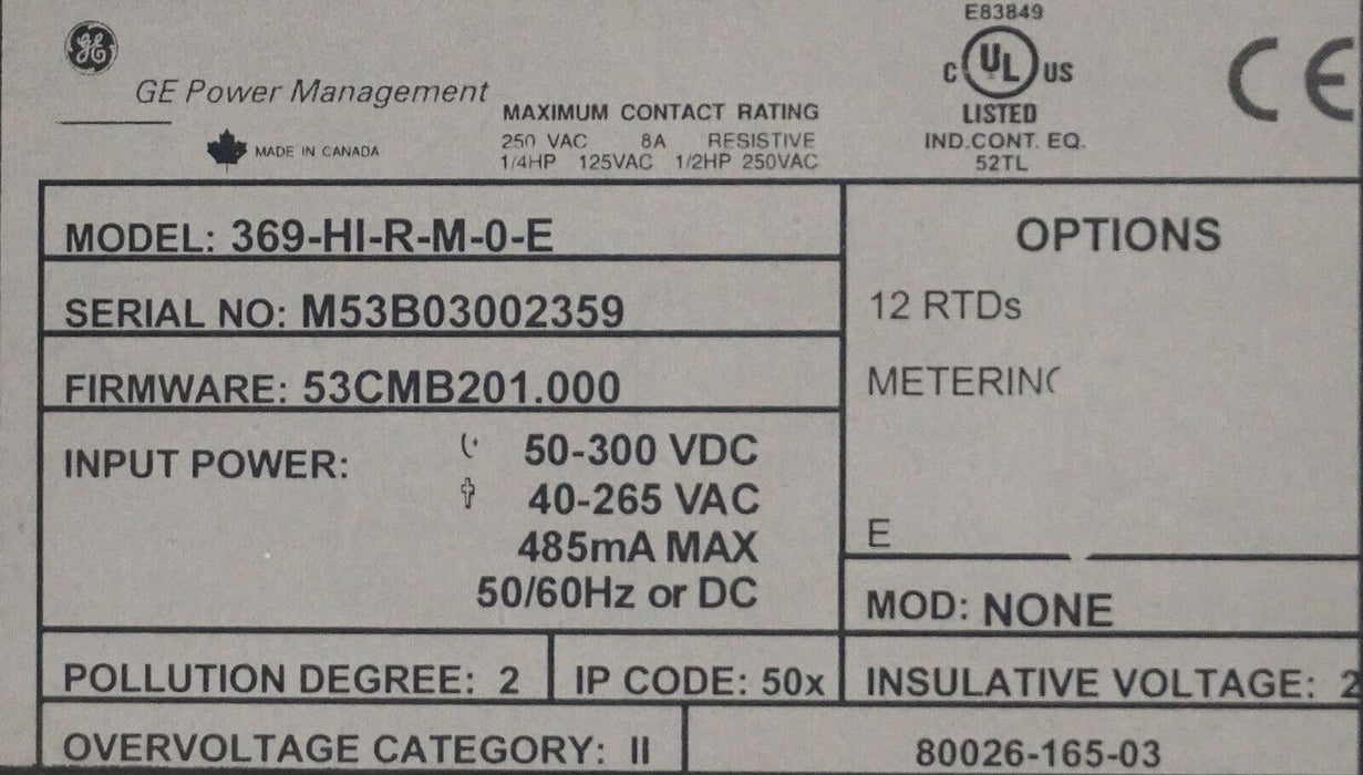 GENERAL ELECTRIC 369-HI-R-M-0-E 369 Multilin Relay Tested Good