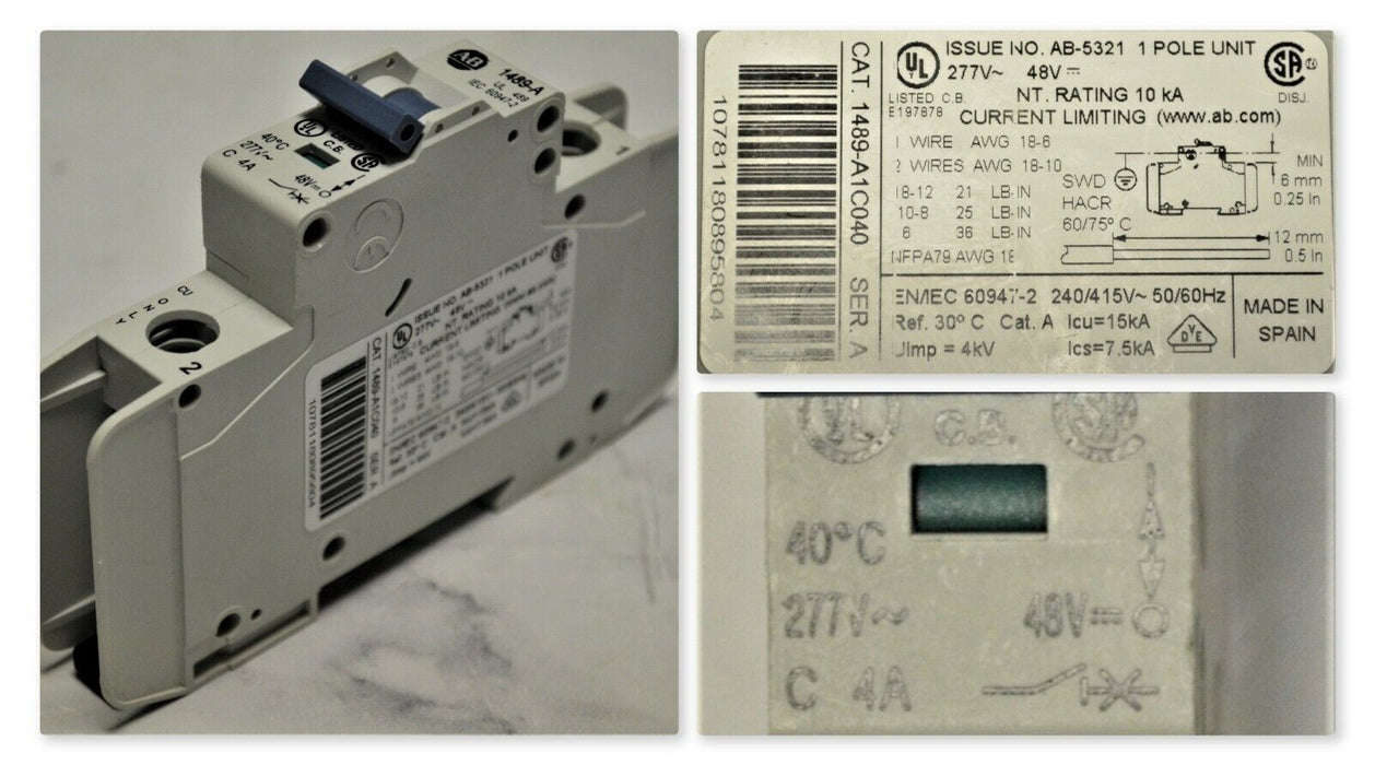 ALLEN BRADLEY 1489-A1C040 SER.A CIRCUIT BREAKER 4 AMPS 1 POLE TESTED GOOD