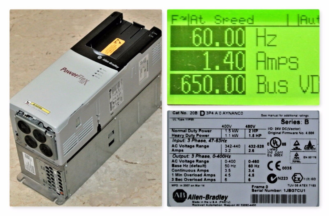 Low Hours Allen-Bradley PowerFlex 700 2 HP 20BD3P4A0AYNANC0 480 VAC Tested Good