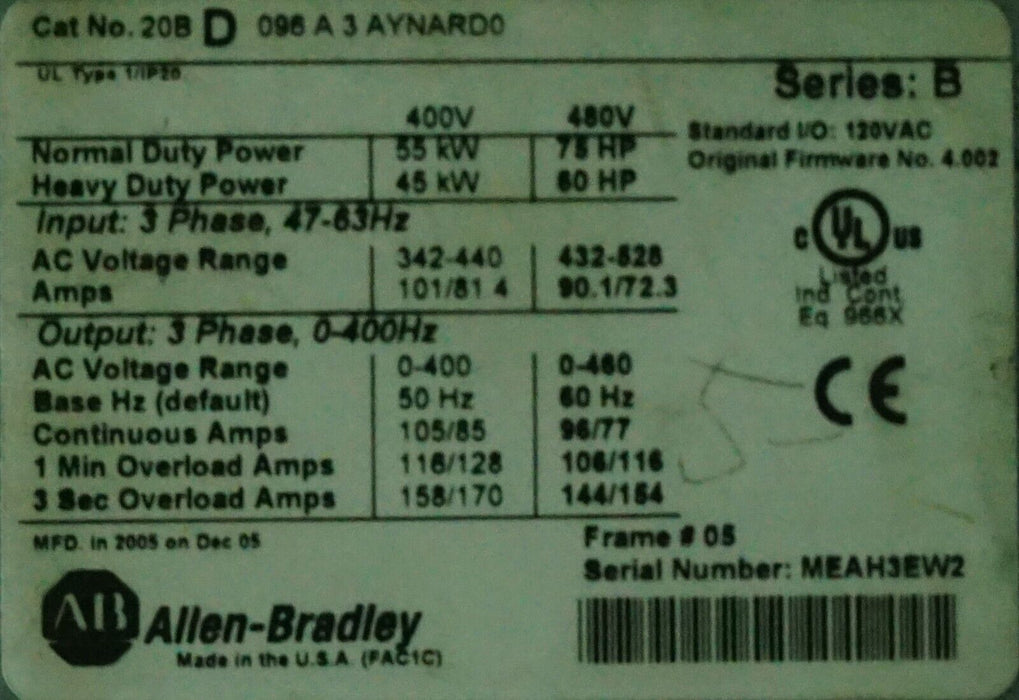 Allen-Bradley 20BD096A3AYNARD0 75HP Ser. A FRN:4.002 Tested Good