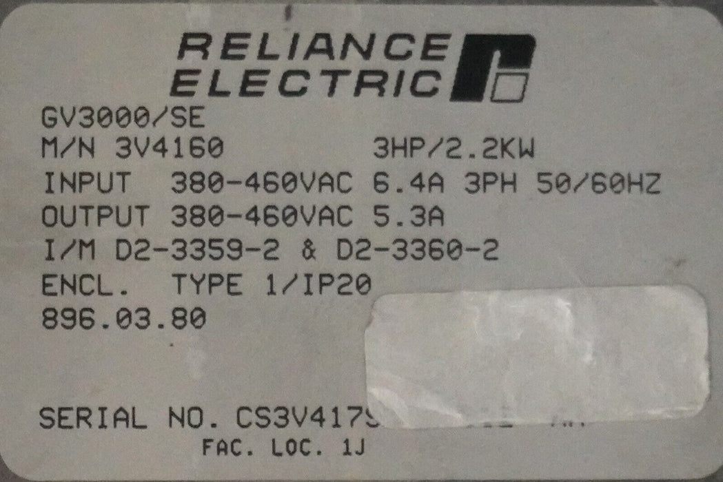 Reliance Electric GV3000 3V4160 3HP VER.6.01 AC Inverter 460VAC Tested Good