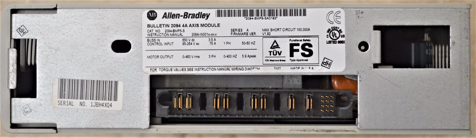 ALLEN-BRADLEY KINETIX 6000 2094-BMP5-S AXIS MODULE 4 AMPS 480 VAC FRN: 1.92