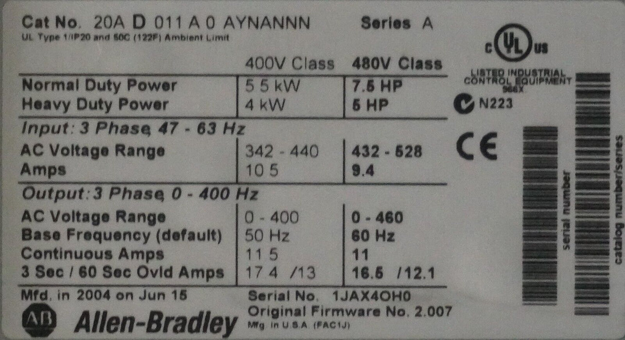 Allen Bradley PowerFlex 70  7.5 HP 20AD011A0AYNANNN 480 VAC FRN. 2.007 Tested