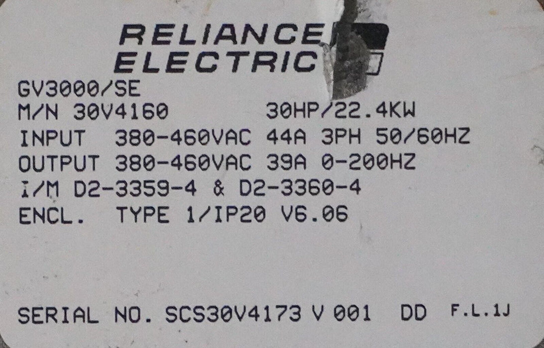 Reliance Electric 30 HP GV3000/SE AC Drive 30V4160 460V Sensorless GV3000 V6.06